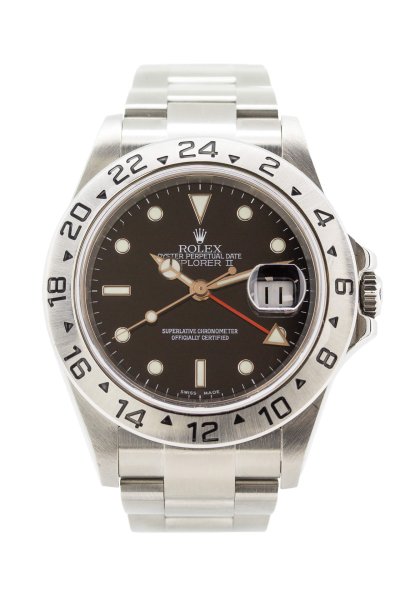 Rolex Explorer II 16570 40mm men;s watch with a black dial, stainless steel case and oyster bracelet