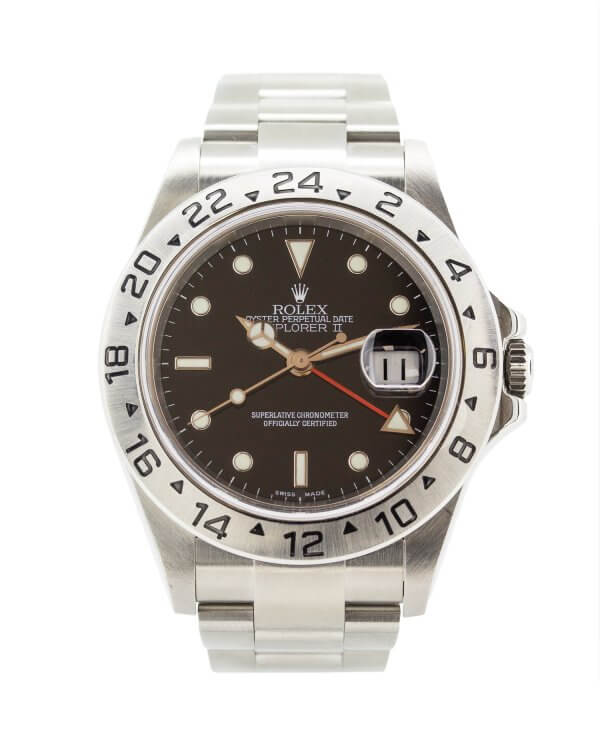 Rolex Explorer II 16570 40mm men;s watch with a black dial, stainless steel case and oyster bracelet