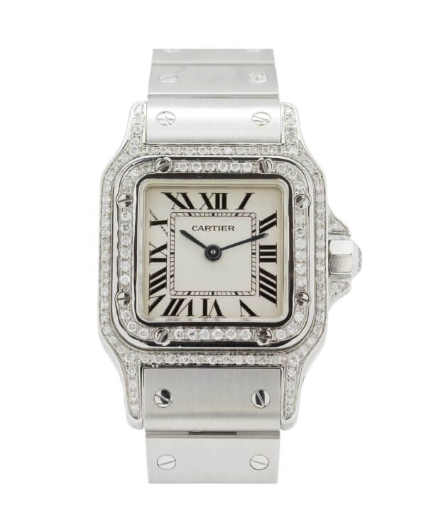 Cartier Santos Galbee 1565 24mm Diamond Ladies, steel case and bracelet with a ivory colour dial. watch, steel and custom set diamond bezel.