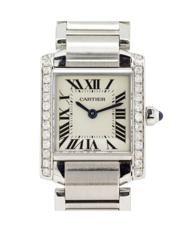 Cartier Tank Francaise 2384. Steel case and bracelet, white dial and diamond surround bezel.