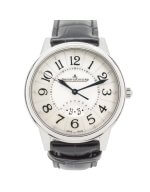 Jaeger LeCoultre Rendezvous 37mm watch with a silver mother of pearl dial and black crocodile leather strap.