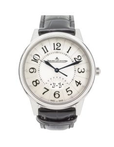 Jaeger LeCoultre Rendezvous 37mm watch with a silver mother of pearl dial and black crocodile leather strap.