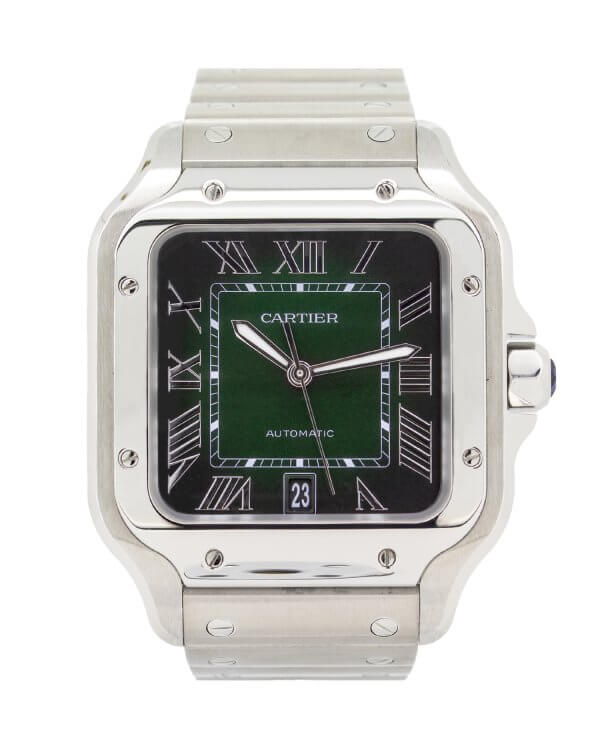 Cartier Santos De Cartier WSSA0062 40mm with a green dial, stainless steel bracelet and a spare green crocodile strap.