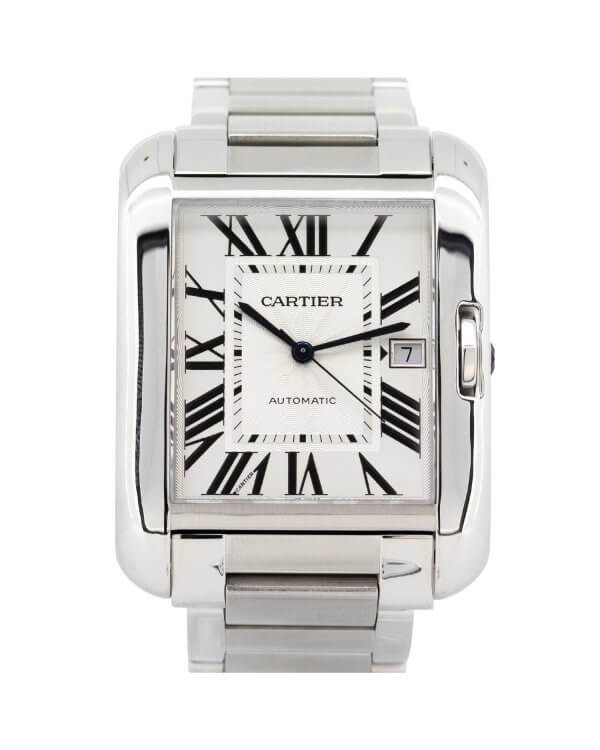 Cartier Tank Anglaise 3507 men's watch with a silver dial and stainless steel case and bracelet.