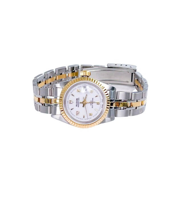 Tudor Princess Oysterdate ladies watch with a white dial, gold and steel bracelet