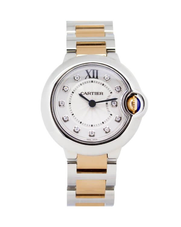 Cartier Ballon Bleu WE902030 28mm 18K Rose Gold and Stainless steel with a silver dial.