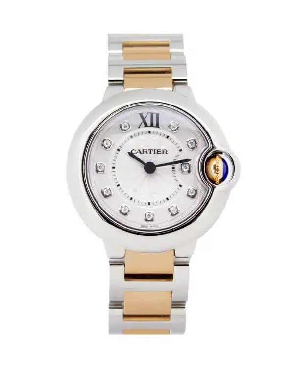 Cartier Ballon Bleu WE902030 28mm 18K Rose Gold and Stainless steel with a silver dial.