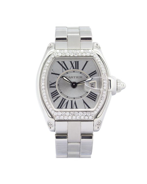 Cartier Roadster 2675 37mm Diamond bezel, silver dial, stainless steel bracelet, luminous hands.