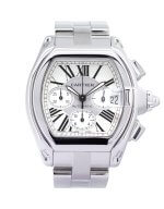 Cartier Roadster 2618 XL 43mm Chronograph watch with a silver dial, stainless steel case and bracelet