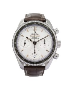 Omega Speedmaster Diamond Ladies 38mm watch with a silver dial and diamond surround bezel.