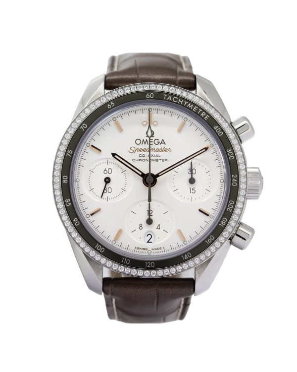 Omega Speedmaster Diamond Ladies 38mm watch with a silver dial and diamond surround bezel.