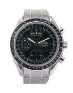 Omega Speedmaster Day Date 3220.50 40mm with a black dial and stainless steel bracelet.