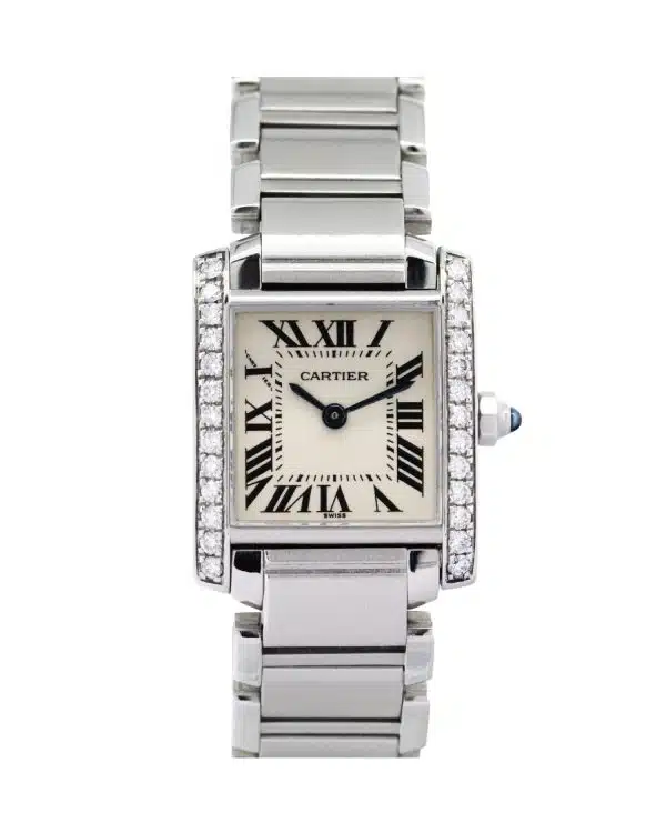 Cartier Tank Francaise 2384 custom Diamond set watch with an ivory dial and stainess steel bracelet.