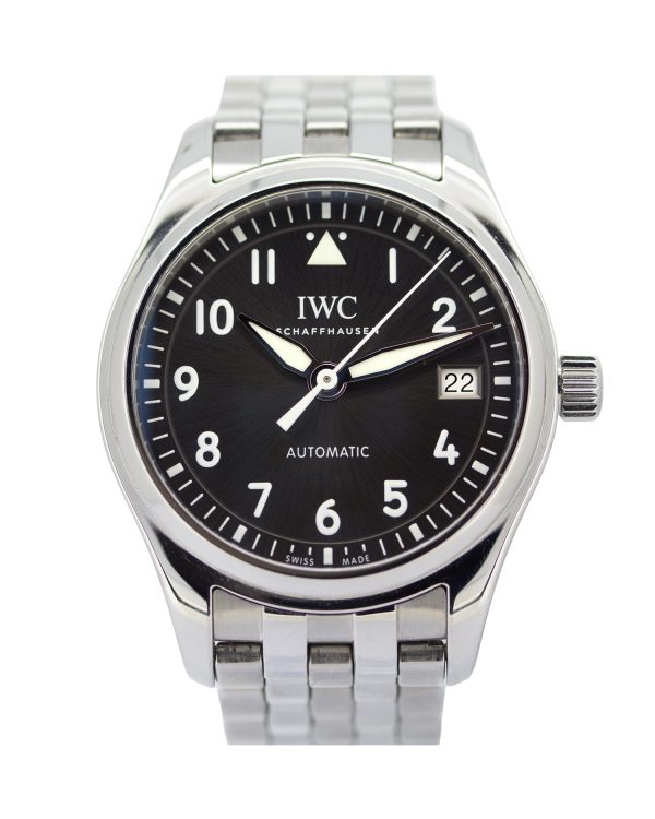 IWC Pilot IW324002 36mm Men's Watch with a grey dial and stainless steel case and bracelet.