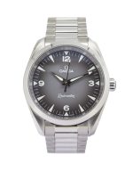 Omega Seamaster Railmaster 235.10.38.20.06.001 38mm with a graduated grey and black dial on a stainless steel bracelet.