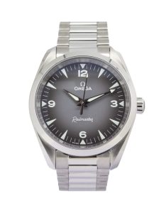 Omega Seamaster Railmaster 235.10.38.20.06.001 38mm with a graduated grey and black dial on a stainless steel bracelet.