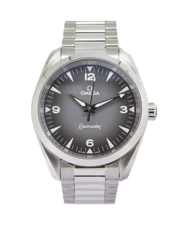 Omega Seamaster Railmaster 235.10.38.20.06.001 38mm with a graduated grey and black dial on a stainless steel bracelet.