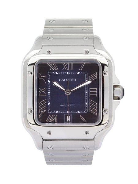 Cartier Santos De Cartier WSSA0030 40mm with a blue dial and stainless steel bracelet.