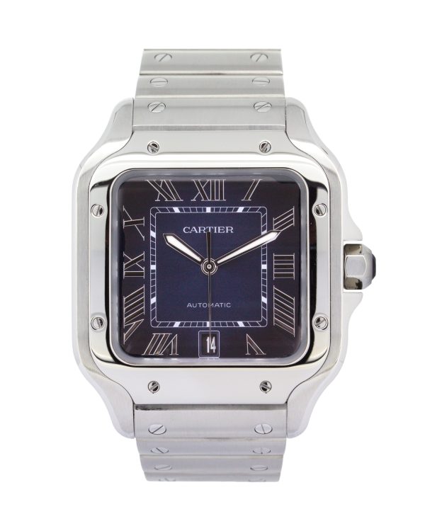 Cartier Santos De Cartier WSSA0030 40mm with a blue dial and stainless steel bracelet.