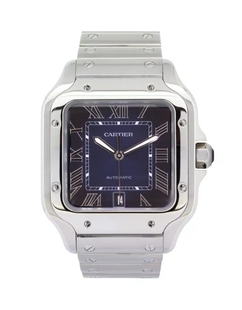 Cartier Santos de Cartier WSSA0030 stainless steel watch with a graduated blue sunburst dial, Roman numeral hour markers, date display at 6 o'clock, and integrated steel bracelet.