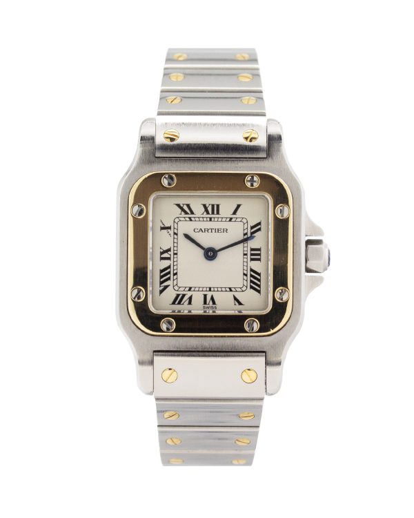 Cartier Santos Galbee 1567 , gold bezel, ivory dial, stainless steel case and bracelet.
