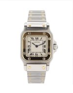 Cartier Santos Galbee 1567 18ct Gold bezel, stainless steel bracelet, ivory color dial, black roman numerals.