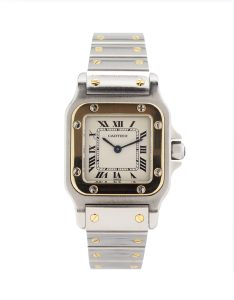 Cartier Santos Galbee 1567 18ct Gold bezel, stainless steel bracelet, ivory color dial, black roman numerals.