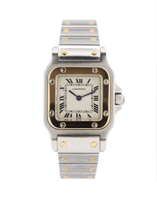 Cartier Santos Galbee 1567 18ct Gold bezel, stainless steel bracelet, ivory color dial, black roman numerals.