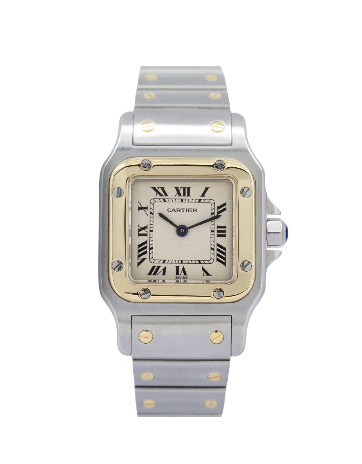 Cartier Santos Galbee 1567 18ct Gold bezel, ivory colour dial, steel and gold bracelet, sapphire crystal crown, Roman Numeral dial.