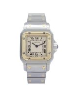 Cartier Santos Galbee 1567 18ct Gold bezel, ivory colour dial, steel and gold bracelet, sapphire crystal crown, Roman Numeral dial.