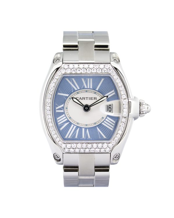 Cartier Roadster 2675 37mm Diamond bezel stainless steel case, steel bracelet, baby blue dial.