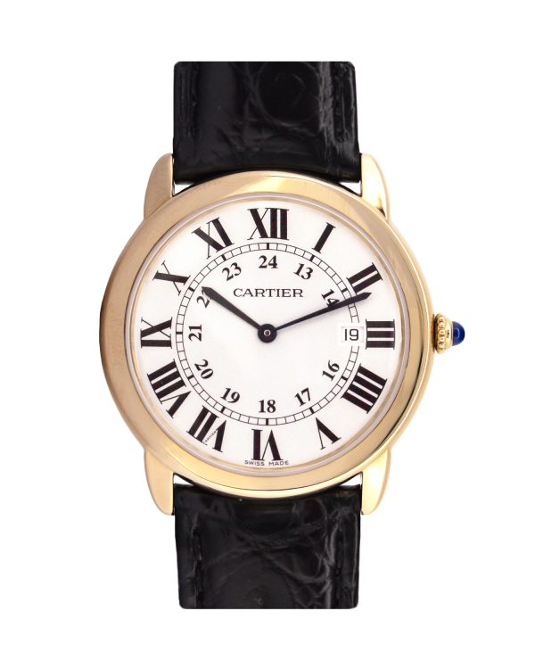 Cartier Ronde Solo W6701008 18ct Gold bezel, silver dial, black crocodile leather strap