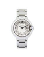 Cartier Ballon Bleu WE902073 28mm, silver guilloche dial, diamond hour markers, stainless steel bracelet with a double locking clasp.