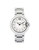 Cartier Ballon Bleu WE902073 28mm, silver dial, diamond hour markers, stainless steel case and bracelet, blue sapphire crown stone.