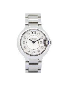 Cartier Ballon Bleu WE902073 28mm, silver dial, diamond hour markers, stainless steel case and bracelet, blue sapphire crown stone.