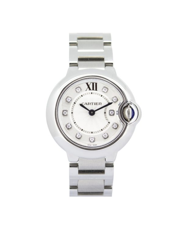 Cartier Ballon Bleu WE902073 28mm, silver dial, diamond hour markers, stainless steel case and bracelet, blue sapphire crown stone.