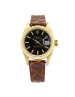 Rolex Lady Oyster Perpetual Datejust 69178. 26mm case, 18ct gold fluted bezel. brown alligator strap, black speckled dial.