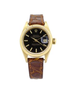 Rolex Lady Oyster Perpetual Datejust 69178. 26mm case, 18ct gold fluted bezel. brown alligator strap, black speckled dial.