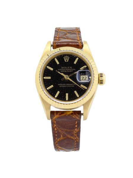Rolex Lady Oyster Perpetual Datejust 69178. 26mm case, 18ct gold fluted bezel. brown alligator strap, black speckled dial.