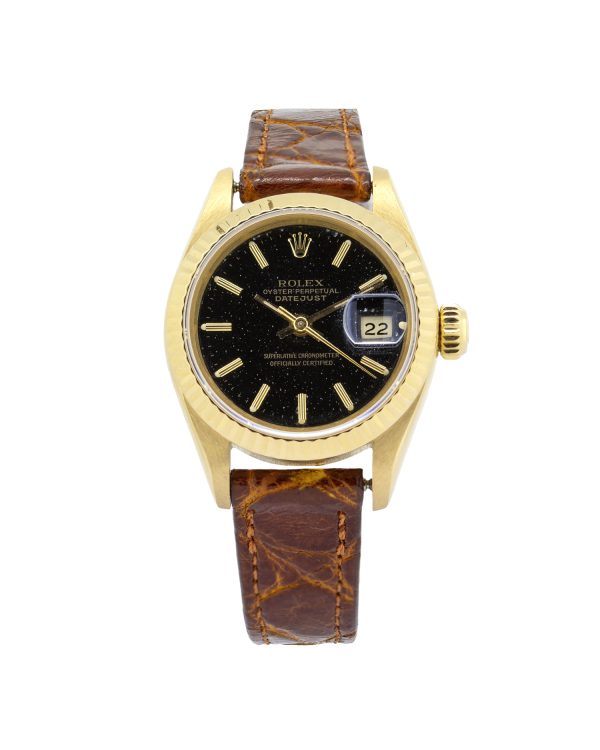 Rolex Lady Oyster Perpetual Datejust 69178. 26mm case, 18ct gold fluted bezel. brown alligator strap, black speckled dial.