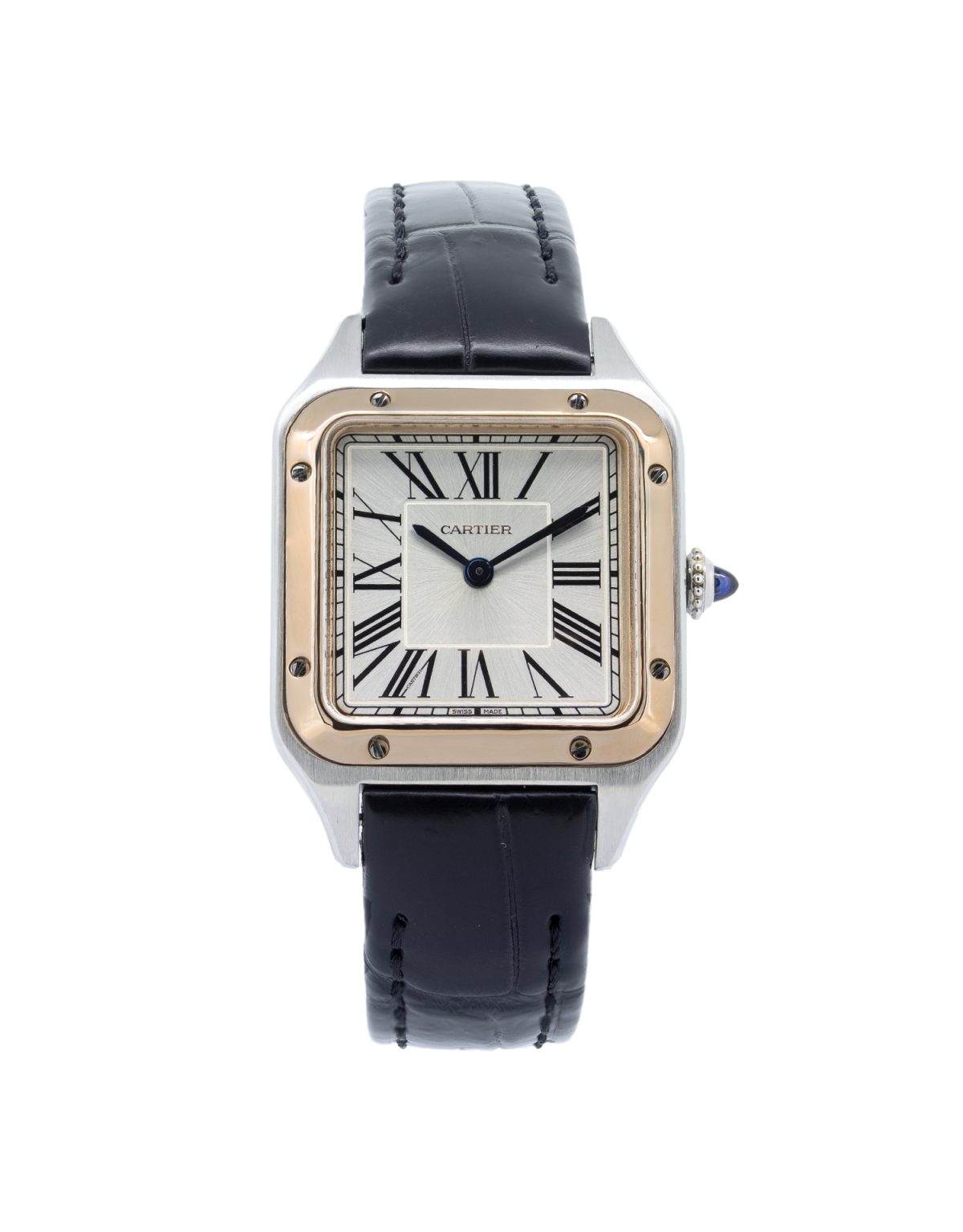 Cartier Santos Dumont W2SA0012, Rose gold bezel, silver dial, black roman numerals, black crocodile leather strap.