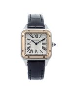 Cartier Santos Dumont W2SA0012, Rose gold bezel, silver dial, black roman numerals, black crocodile leather strap.