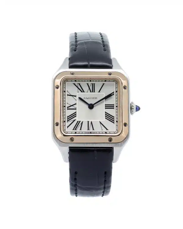 Cartier Santos Dumont W2SA0012, Rose gold bezel, silver dial, black roman numerals, black crocodile leather strap.