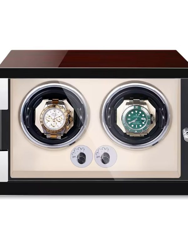 Twin watch winder, black frame with redwood top, cream interior and led light.