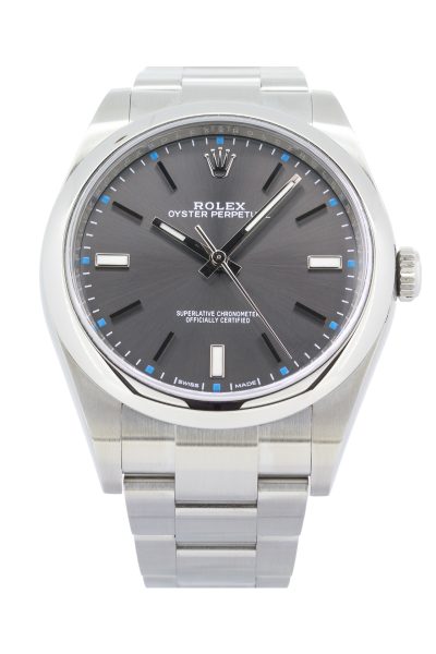 Rolex Oyster Perpetual 114300 39mm dial, rhodium grey dial colour, stainless steel case and bracelet.