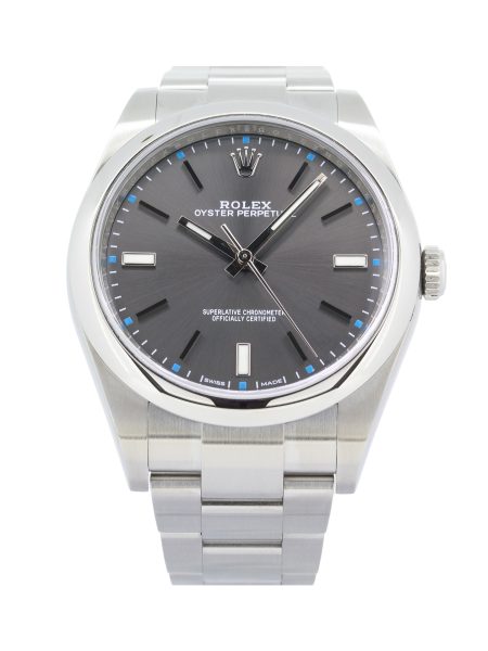 Rolex Oyster Perpetual 114300 39mm dial, rhodium grey dial colour, stainless steel case and bracelet.