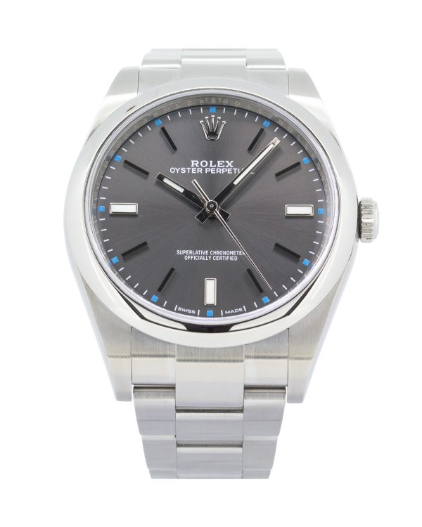 Rolex Oyster Perpetual 114300 39mm dial, rhodium grey dial colour, stainless steel case and bracelet.