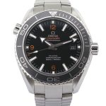 Omega Seamaster Planet Ocean 232.30.46.21.01.003 watch with a black dial, orange accents, stainless steel case and bracelet.