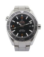 Omega Seamaster Planet Ocean 232.30.46.21.01.003 watch with a black dial, orange accents, stainless steel case and bracelet.