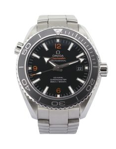 Omega Seamaster Planet Ocean 232.30.46.21.01.003 watch with a black dial, orange accents, stainless steel case and bracelet.